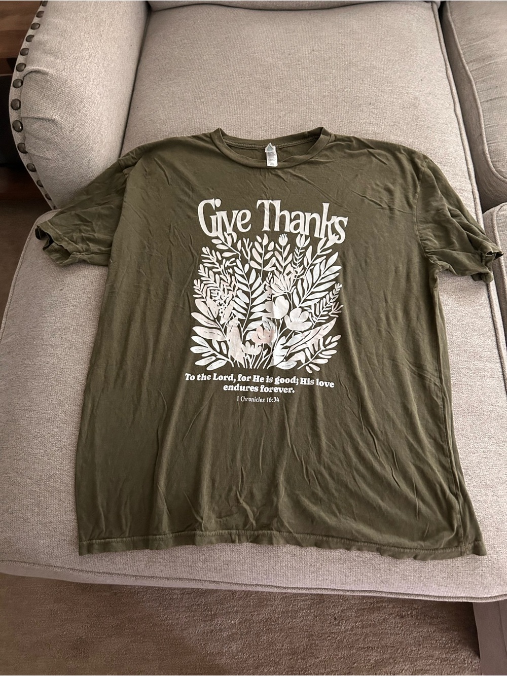 Give Thanks Olive Green Graphic Tee - Faith Message